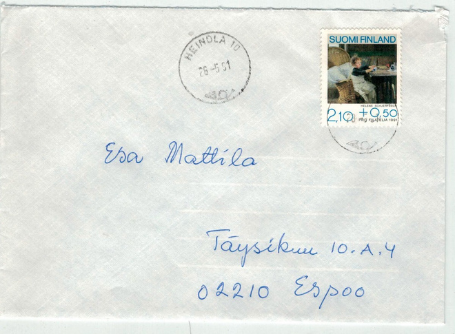 1991 2,10 mk pro filatelia toipilas kirje