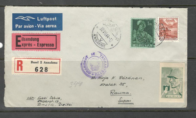 v. 1943 kirje Sveitsistä Suomeen, lipukkeita, leimoja, jne.