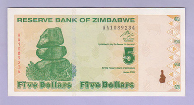 Zimbabwe 5 Dollaria v.2009 UNC P-93