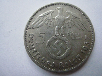 Natsi-Saksa 5 Reichsmark 1937 D Hindenburg