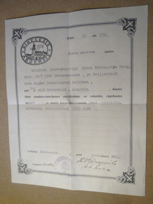 Todistus nimen muuttoa varten 1931