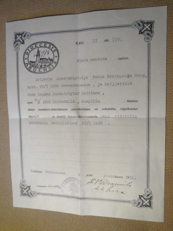Todistus nimen muuttoa varten 1931