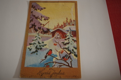 1940-luvun joulukortti, postimerkki pudonnut pois