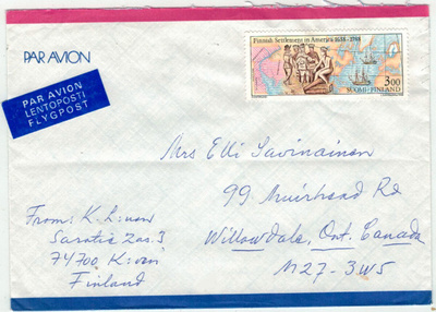 1988 3 mk suomalaissiirtokunta Amerikassa kirje Kanadaan