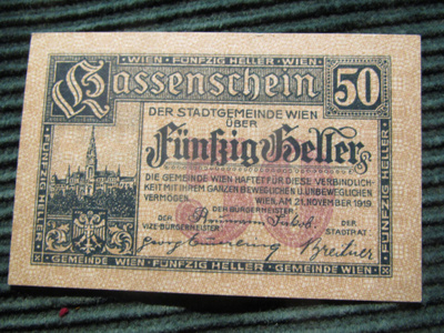 50 heller 1919. Wien . Itävalta-Austria. Hätäraha-Notgeld