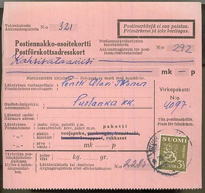 M30 1942 3,50 mk postiennakko vapaapaketti
