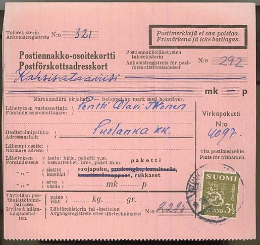 M30 1942 3,50 mk postiennakko vapaapaketti