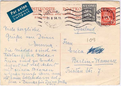 M30 1952 15mk kaksoiskortin 1.osa lentolisällä Saksaan