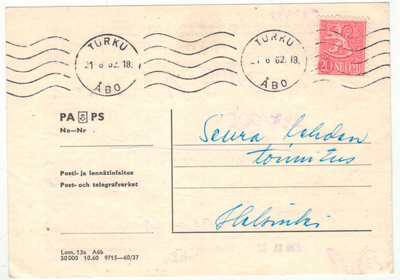 1956 M54 20 (mk) sanomalehden osoitteenmuutosilmoitus