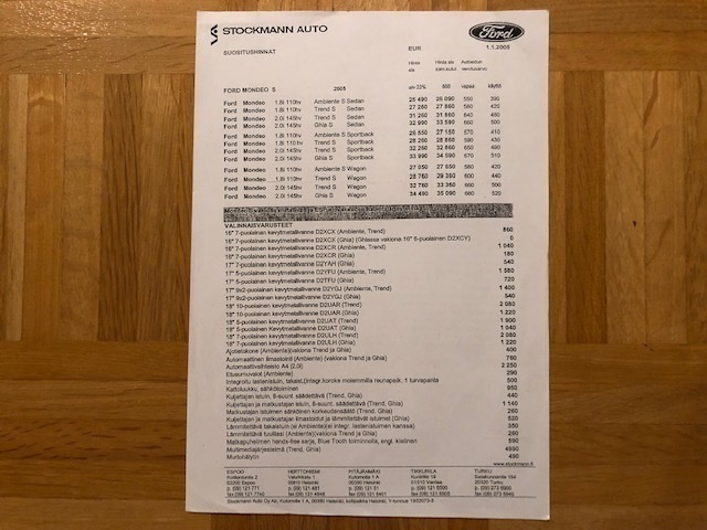 Hinnasto Ford Mondeo mk3 vuodelta 2005