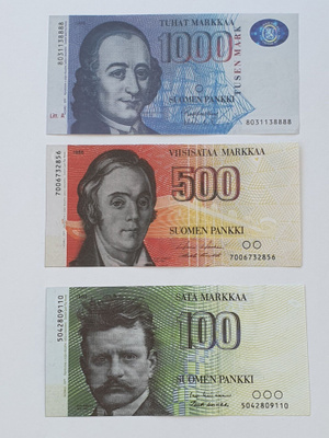 10, 20, 50, 100, 500, 1000 Suomen markan setelit jäljennös