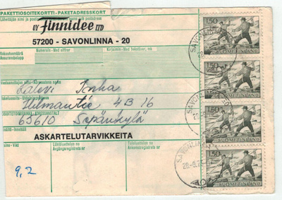 M63 1963 1,50 mk 4-rivilö pakettikortilla
