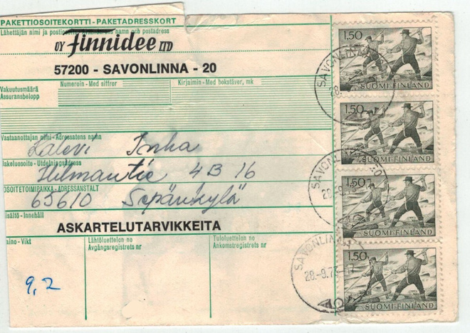 M63 1963  1,50 mk 4-rivilö pakettikortilla