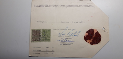 Tullihallituksen asiakirja tai tulli asiakirja v. 1962