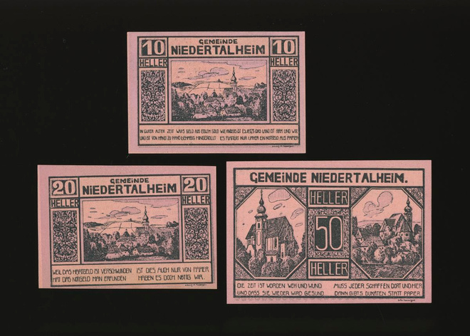 Itävalta Notgeld 10, 20, 50 Heller, Niedertalheim 1920