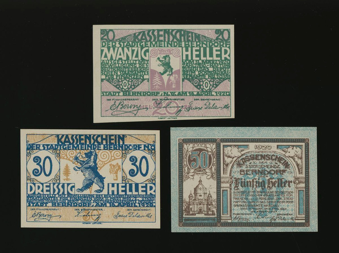 Itävalta Notgeld 20, 30, 50 Heller, Berndorf 1920