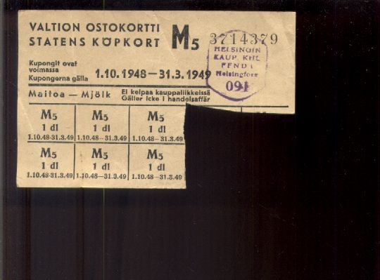 ååse . MAITO-OSTO KUPONKI 1948 . Valtion ostokortti .