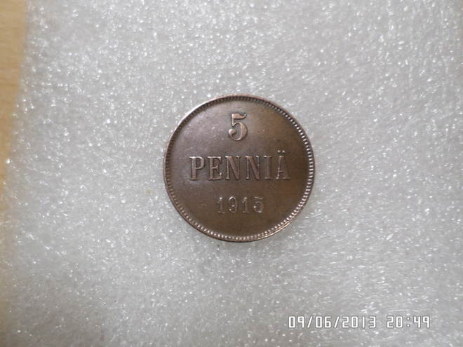 5  penniä  1915   kulkematon   virheetön   raha,