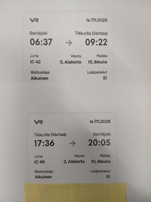 VR junaliput Seinäjoki - Tikkurila menopaluu 7.11.2026