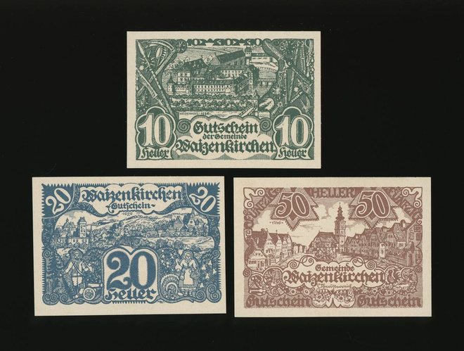 Itävalta Notgeld 10, 20, 50 Heller, Waizenkirchen 1920