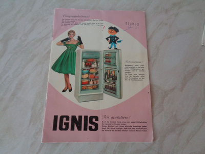 IGNIS jääkaapin käyttöopas/takuu vuodelta 1960