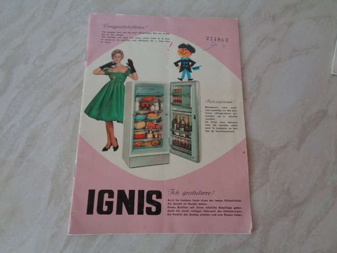 IGNIS jääkaapin käyttöopas/takuu vuodelta 1960
