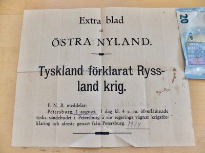 Lisälehti Östra Nyland 1.8.1914 Saksa - Venäjä Sotajulistus