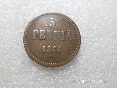 5  penniä 1866  siistikuntoinen   kl 8