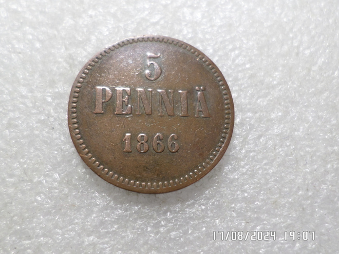 5  penniä 1866  siistikuntoinen   kl 8