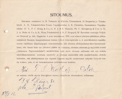 ERITTÄIN HARVIN.TUPAKKATEHTAIDEN SITOUMUS SOPIMUS 1916 (AB2)