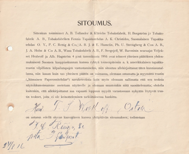 ERITTÄIN HARVIN.TUPAKKATEHTAIDEN SITOUMUS SOPIMUS 1916 (AB2)