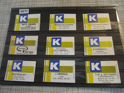 Tulitikkuetikettejä 9 kpl. Mm. K-Torihalli Nurmes.