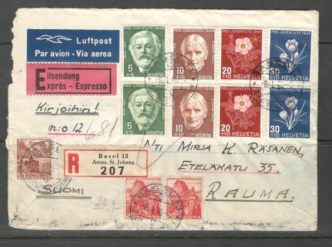 v. 1945 kirje Sveitsistä Suomeen, lipukkeita, leimoja, jne.