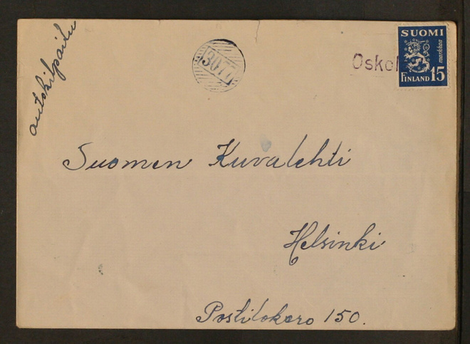 # 23433 # Numeroleima 3077 + Pp Oskola kirje Helsinki 1952