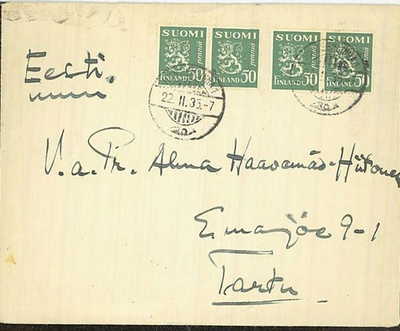 M30 1932 50p vihreä leijona 4 kpl kirje Viroon