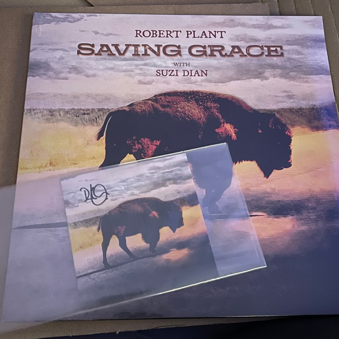 Robert Plant nimikirjoitus + Saving Grace vinyyli