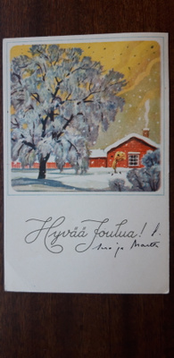 Vanha kuvataide kortti v. 1947 ja joulumerkki