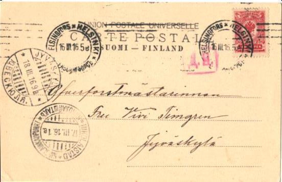 POSTILÄHETYS CARTE-POSTALE HELSINKI-JYVÄSKYLÄ+SENSUURIL.