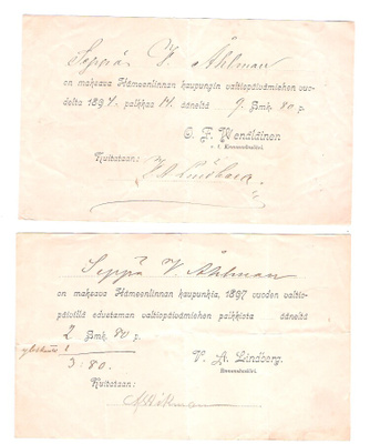 Valtiopäivämiehen palkkiot, 1894 - 1906, 3 kuittia.