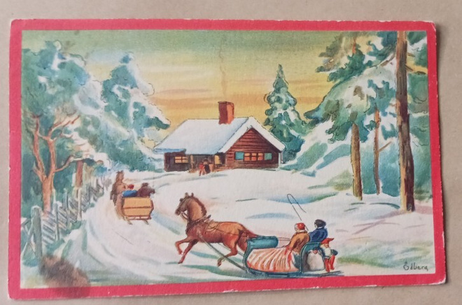 Ödberg: Hevosilla joulukirkosta, tonttukin kannoilla p. 1942