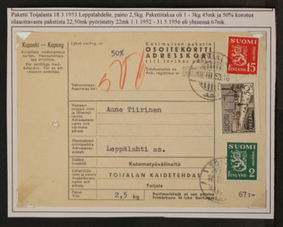 # 23988 # Paketti Toijala > Leppälahti - 1953 - 50% korotus