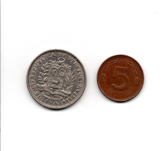Venezuela 1 bolivar 1967 ja 5 centimos 1976