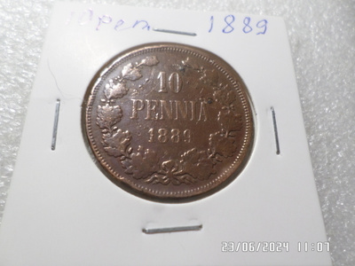 10 penniä 1889 siistikuntoinen raha , rahakehyksessä .