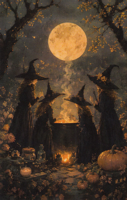 Halloween neljä noitaa padan äärellä