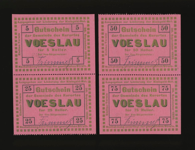 Itävalta Notgeld 5, 25, 50, 75 Heller, Vöslau