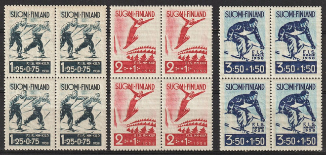 1938 F.I.S. Lahden hiihtokisamerkit neliöinä **
