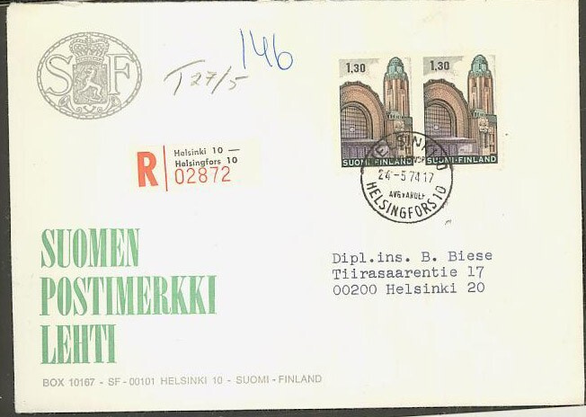 M63 1971 1,30 mk Hgin rautatiasema pari R-kirje