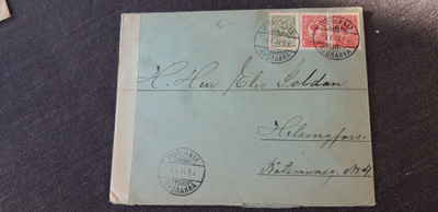 Sotasensuurin kirjekuori säveltäjälle Elis Soldan v. 1914