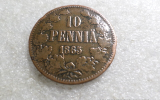 10  penniä  1865  tasaisesti hieman kulunut .  kl 6 - 7  ,