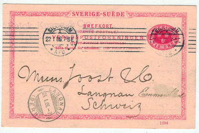 Ruotsi 1906 10 ören ehiökortti Sveitsiin